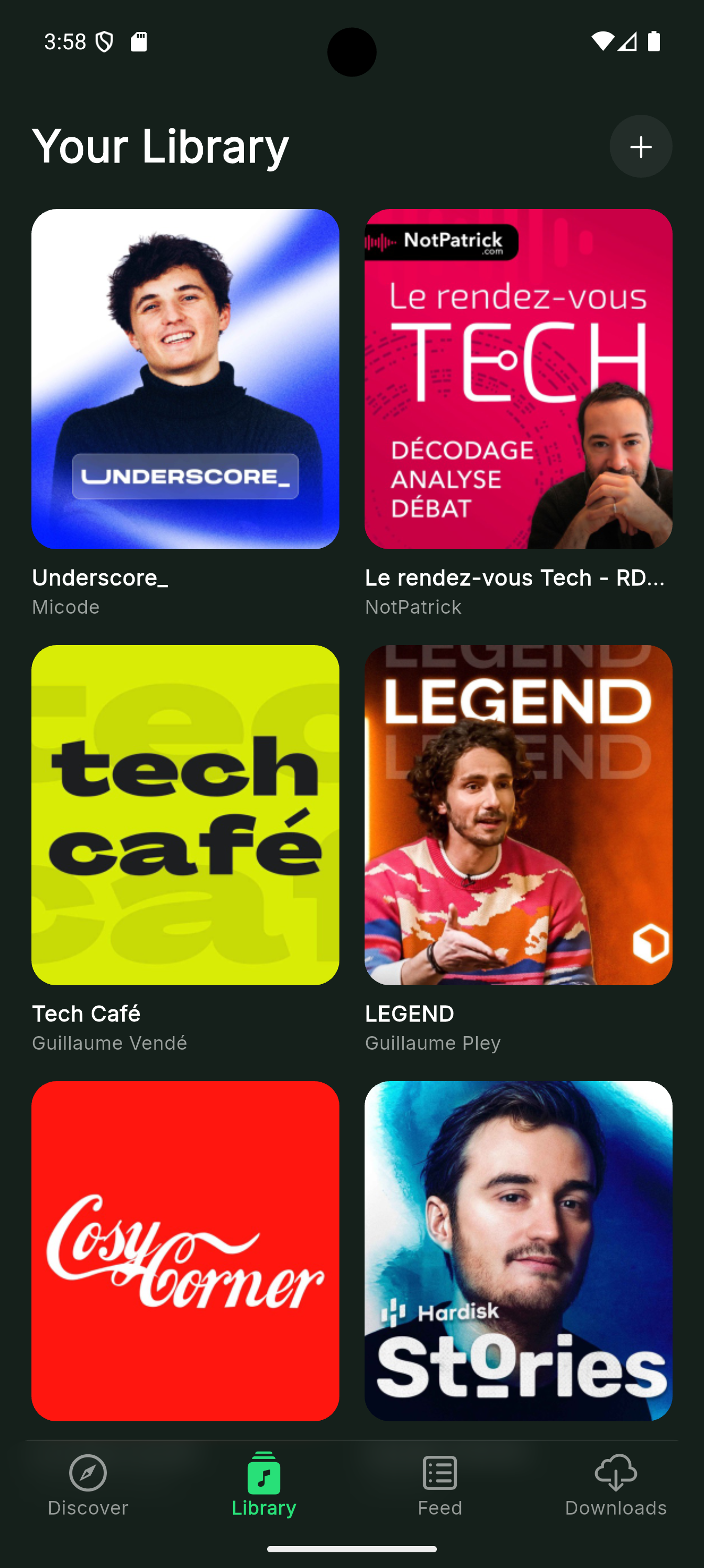 GreenCast Android library screen with subscribed podcasts
